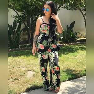 Green and Black Jumpsuit with Tropical Print and Sleeveless Design